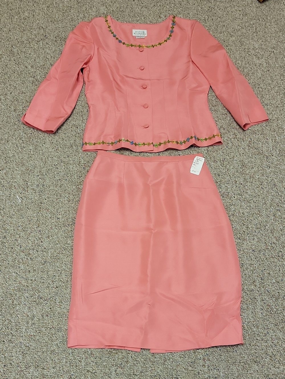 David Warren Silk Coral Pink Skirt Suit - Women's Two-Piece Sz 6 New Wedding